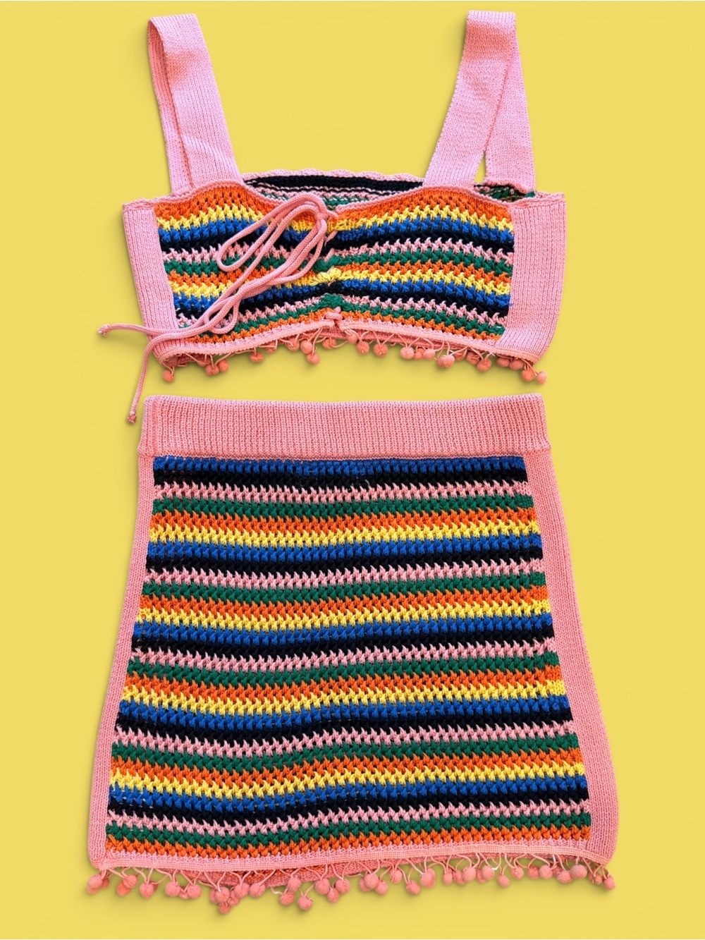 Multicolored Crochet Mini skirt & Cropped Set. Size Medium. Festival Ready!